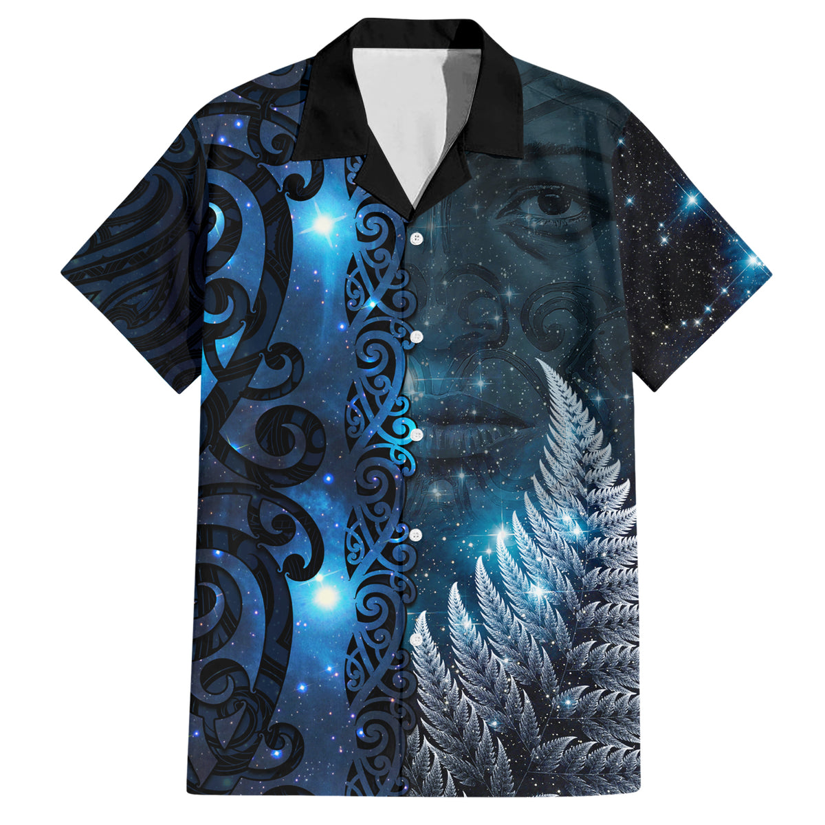 New Zealand Matariki Family Matching Short Sleeve Bodycon Dress and Hawaiian Shirt The Tribal Maori Face and Silver Fern LT03 Dad's Shirt - Short Sleeve Blue - Polynesian Pride