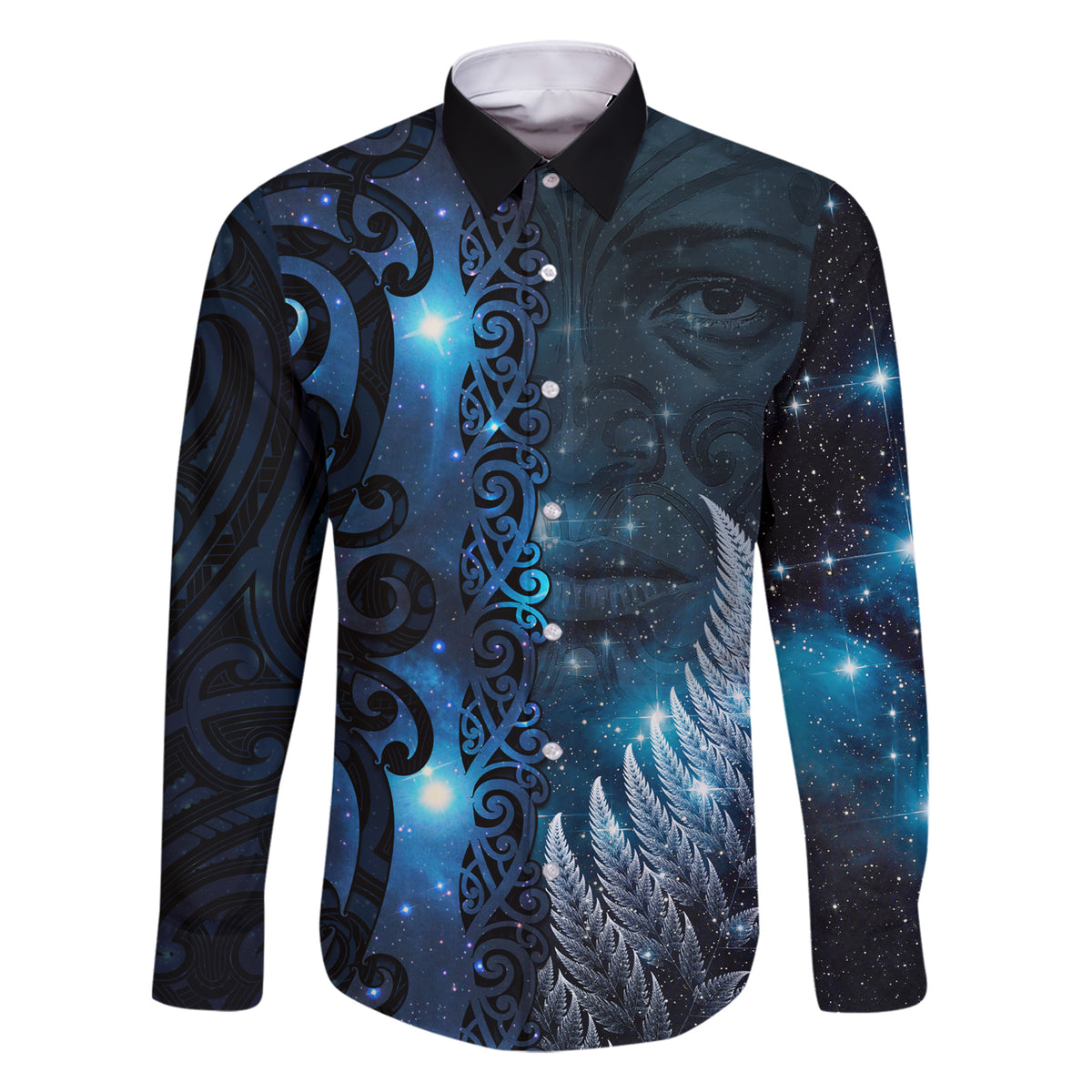 New Zealand Matariki Family Matching Short Sleeve Bodycon Dress and Hawaiian Shirt The Tribal Maori Face and Silver Fern LT03 Dad's Shirt - Long Sleeve Blue - Polynesian Pride
