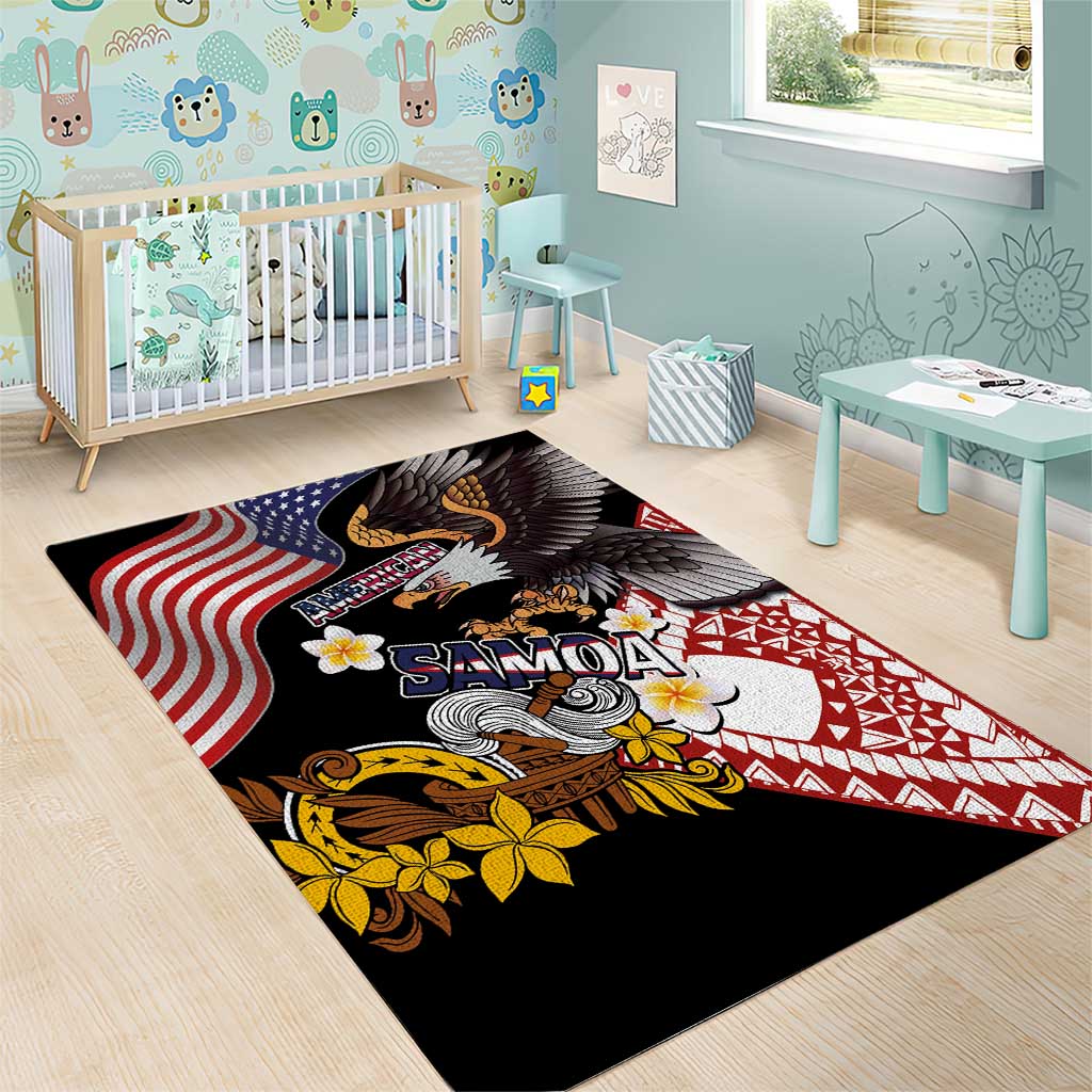 United States and American Samoa Together Area Rug Bald Eagle and Polynesian Traditional Culture with Plumeria