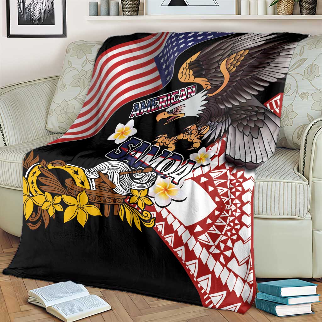United States and American Samoa Together Blanket Bald Eagle and Polynesian Traditional Culture with Plumeria