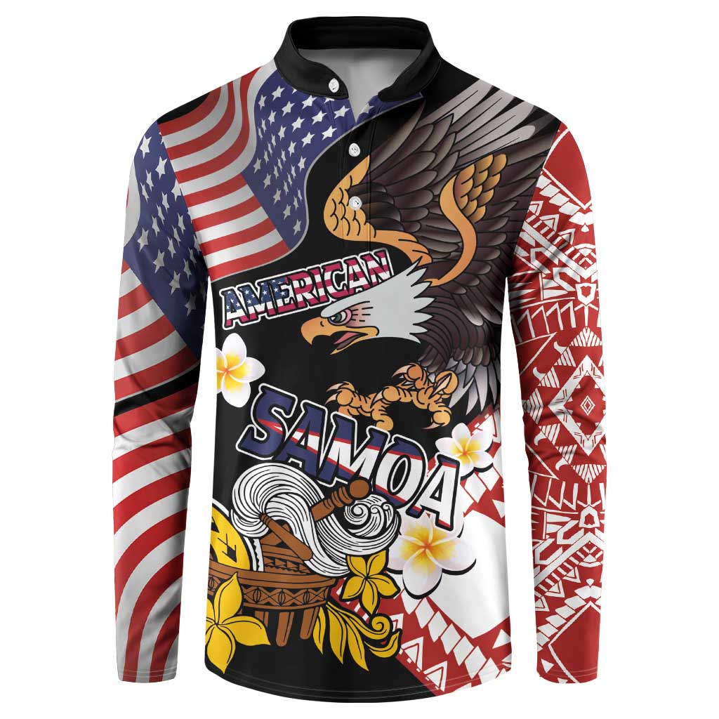 United States and American Samoa Together Button Sweatshirt Bald Eagle and Polynesian Traditional Culture with Plumeria LT03 Black - Polynesian Pride