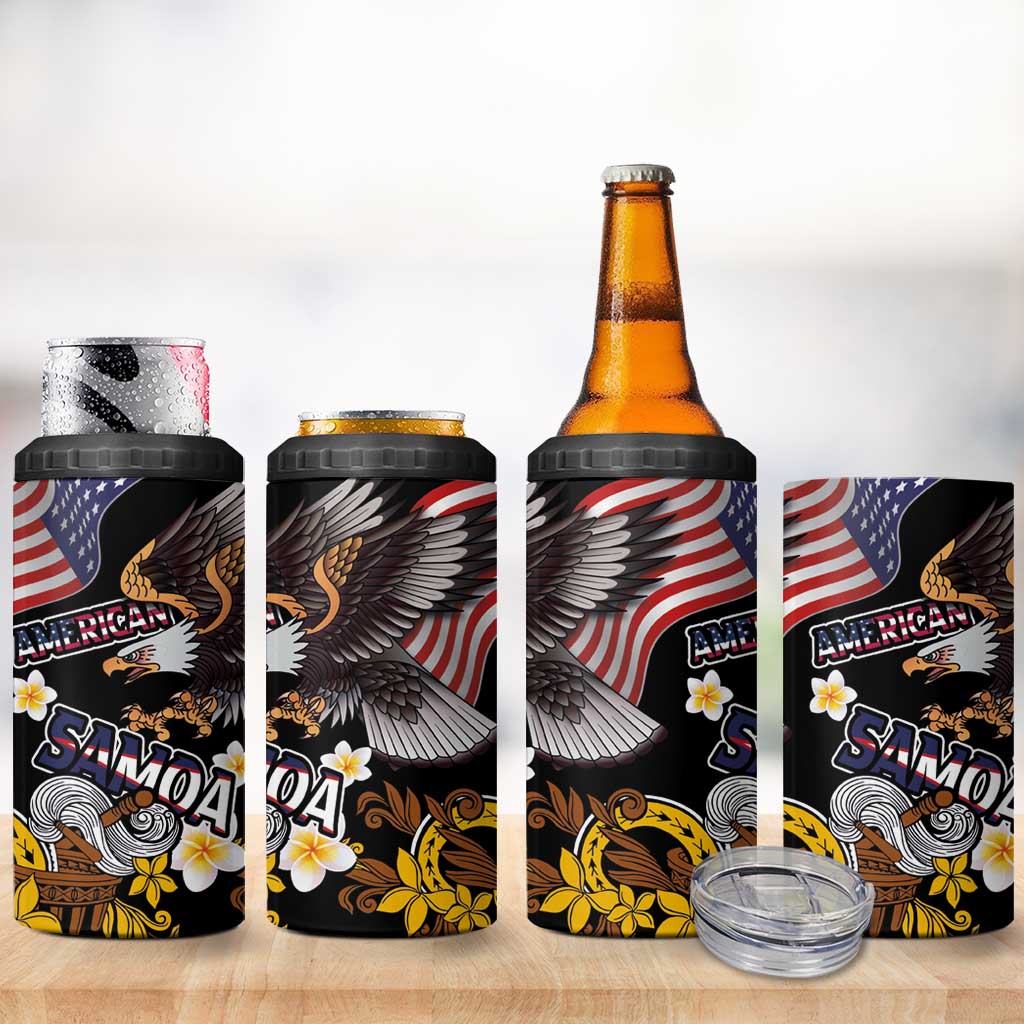 United States and American Samoa Together 4 in 1 Can Cooler Tumbler Bald Eagle and Polynesian Traditional Culture with Plumeria