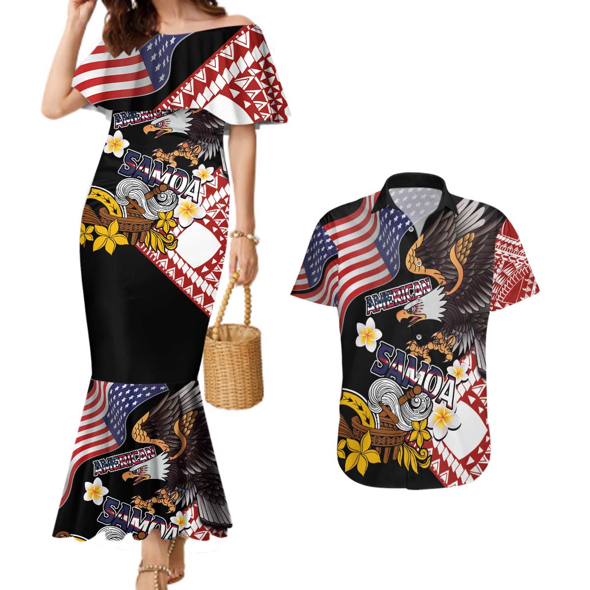 United States and American Samoa Together Couples Matching Mermaid Dress and Hawaiian Shirt Bald Eagle and Polynesian Traditional Culture with Plumeria LT03 Black - Polynesian Pride