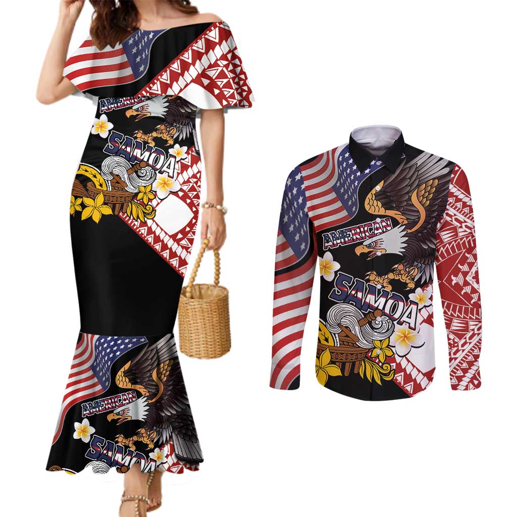 United States and American Samoa Together Couples Matching Mermaid Dress and Long Sleeve Button Shirt Bald Eagle and Polynesian Traditional Culture with Plumeria LT03 Black - Polynesian Pride