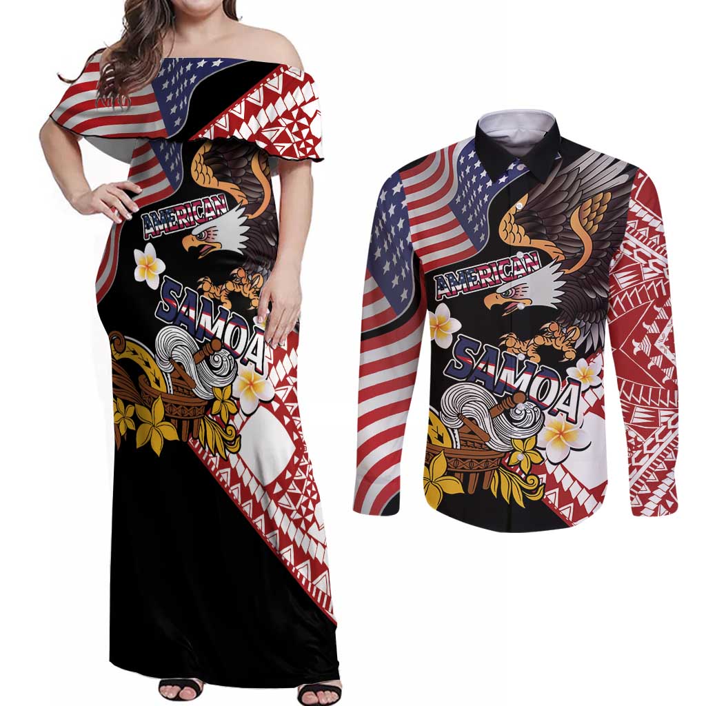 United States and American Samoa Together Couples Matching Off Shoulder Maxi Dress and Long Sleeve Button Shirt Bald Eagle and Polynesian Traditional Culture with Plumeria LT03 Black - Polynesian Pride