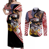 United States and American Samoa Together Couples Matching Off Shoulder Maxi Dress and Long Sleeve Button Shirt Bald Eagle and Polynesian Traditional Culture with Plumeria