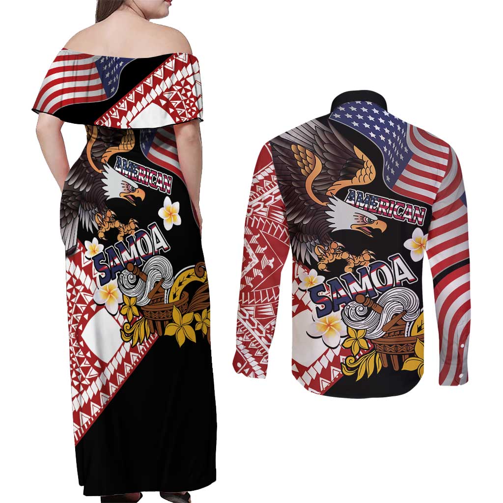 United States and American Samoa Together Couples Matching Off Shoulder Maxi Dress and Long Sleeve Button Shirt Bald Eagle and Polynesian Traditional Culture with Plumeria