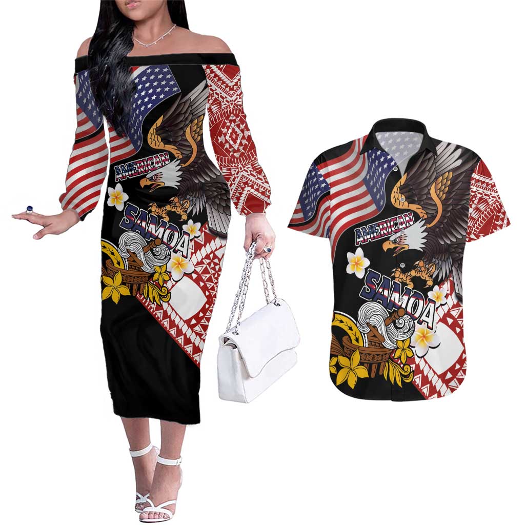 United States and American Samoa Together Couples Matching Off The Shoulder Long Sleeve Dress and Hawaiian Shirt Bald Eagle and Polynesian Traditional Culture with Plumeria LT03 Black - Polynesian Pride