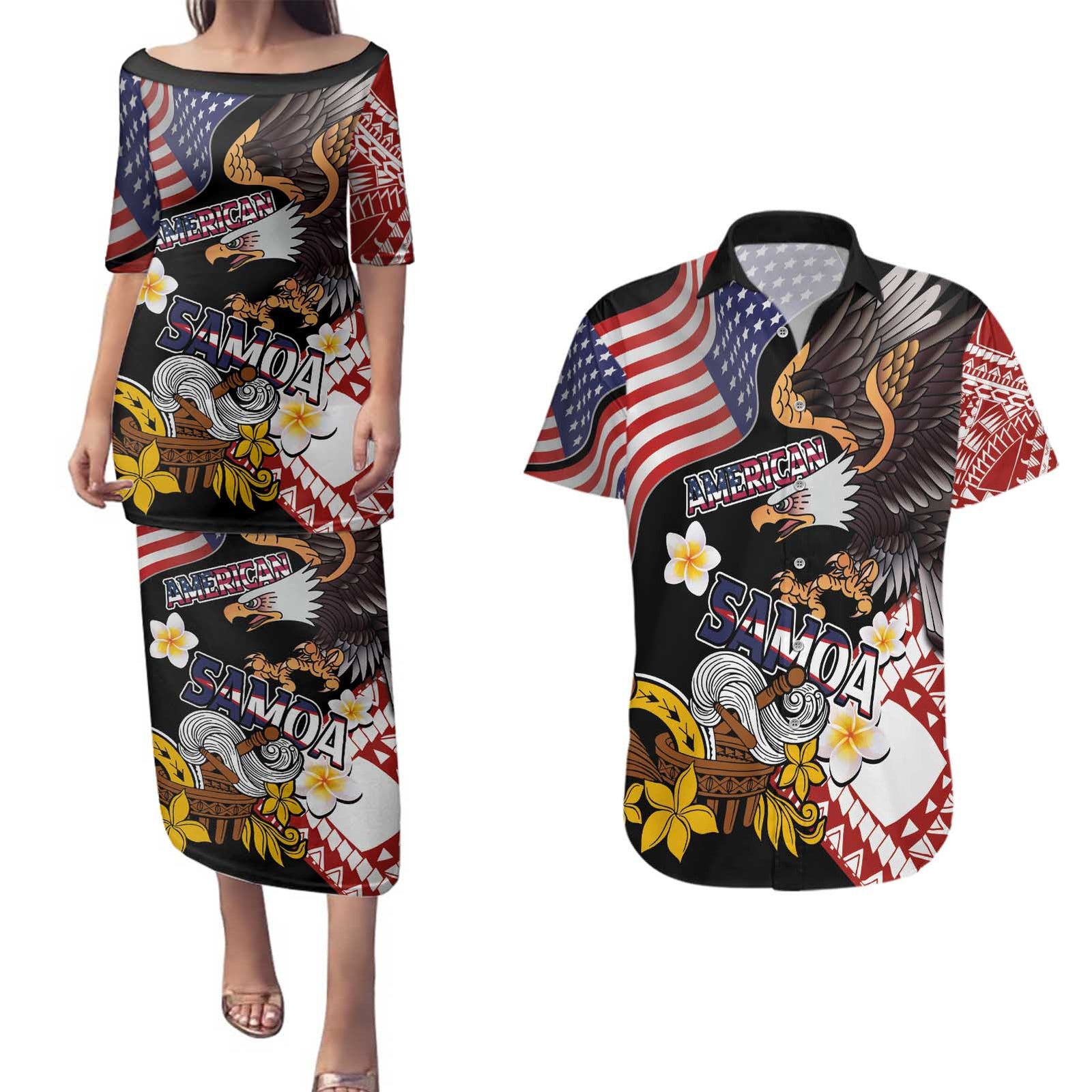 United States and American Samoa Together Couples Matching Puletasi and Hawaiian Shirt Bald Eagle and Polynesian Traditional Culture with Plumeria LT03 Black - Polynesian Pride