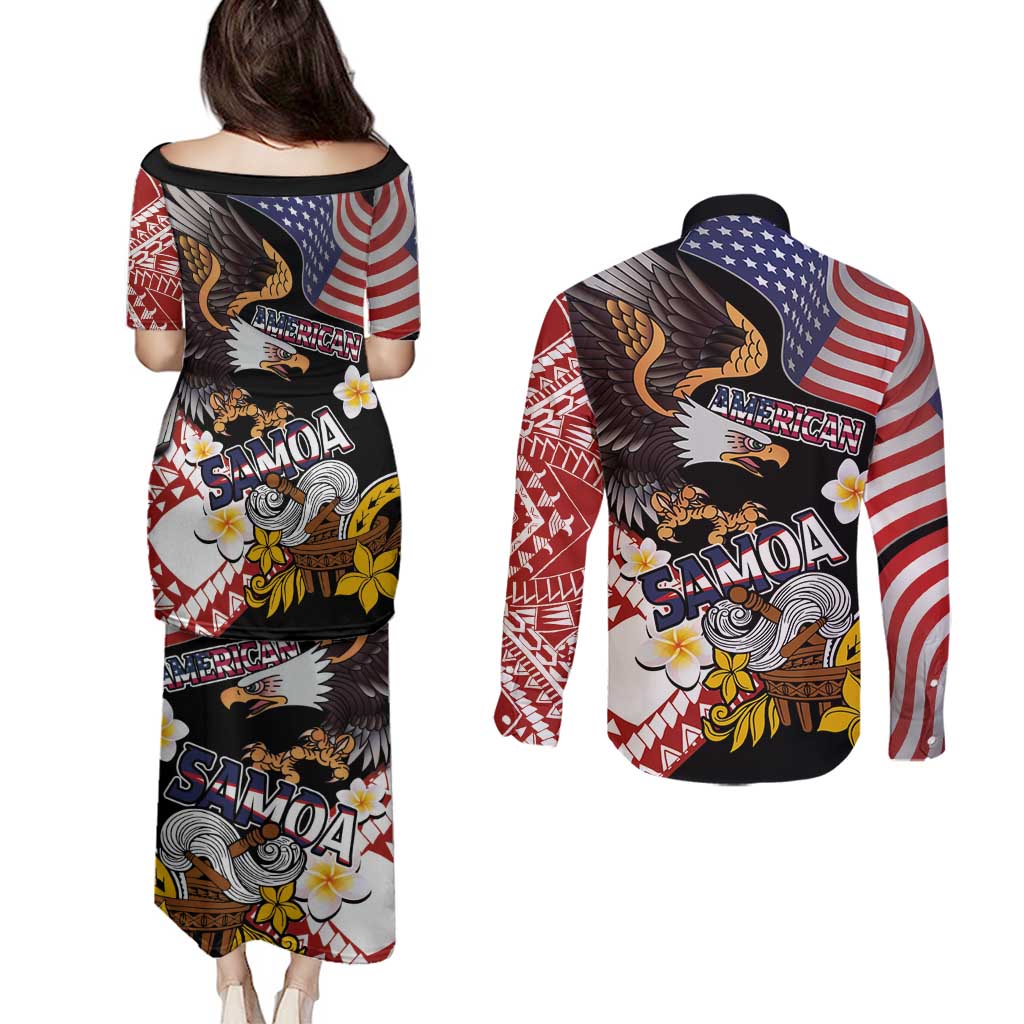 United States and American Samoa Together Couples Matching Puletasi and Long Sleeve Button Shirt Bald Eagle and Polynesian Traditional Culture with Plumeria