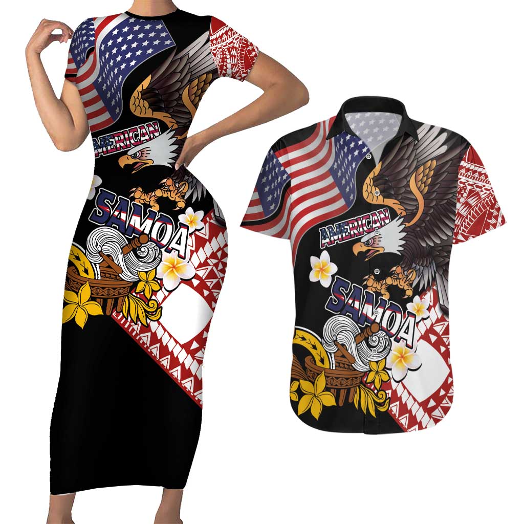 United States and American Samoa Together Couples Matching Short Sleeve Bodycon Dress and Hawaiian Shirt Bald Eagle and Polynesian Traditional Culture with Plumeria LT03 Black - Polynesian Pride