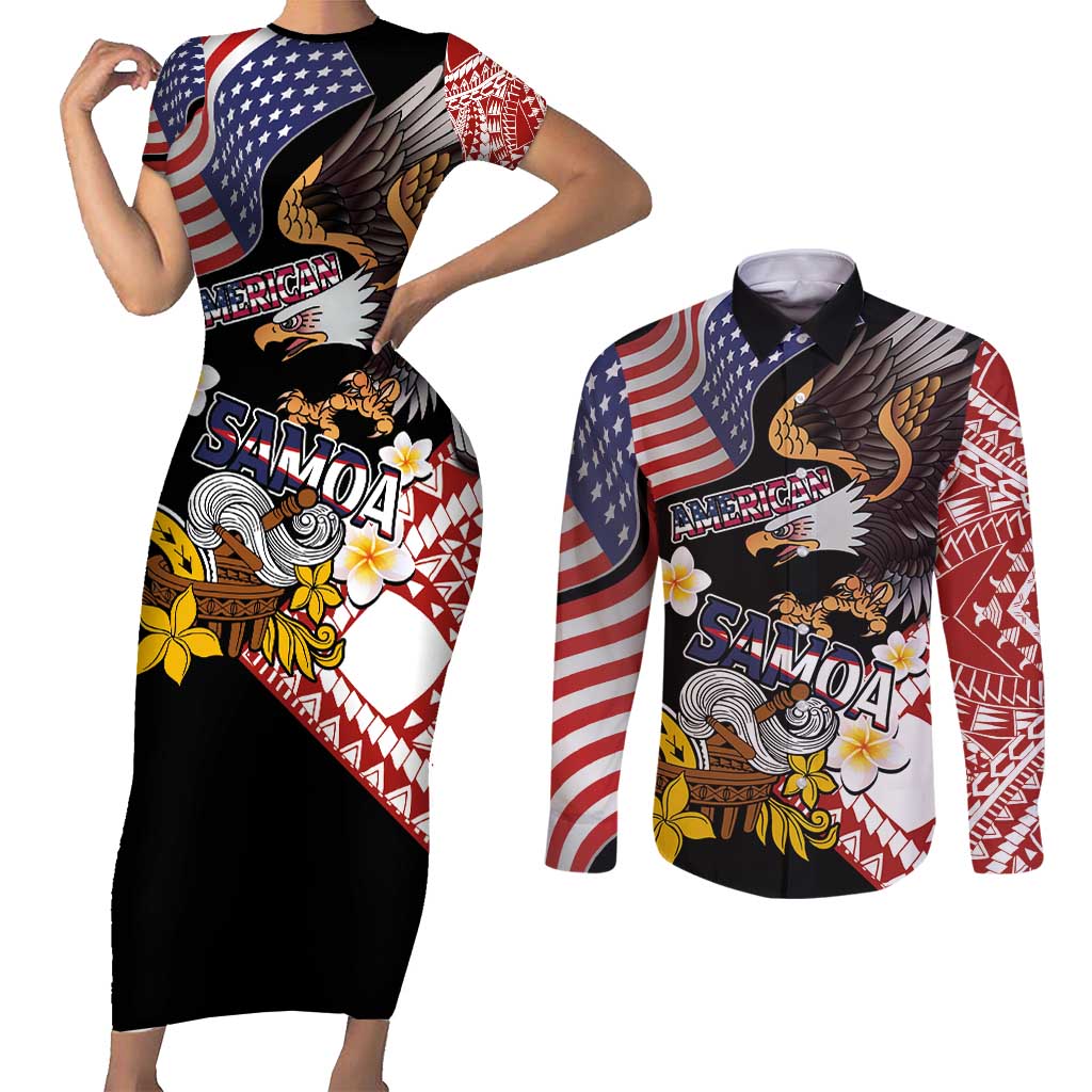 United States and American Samoa Together Couples Matching Short Sleeve Bodycon Dress and Long Sleeve Button Shirt Bald Eagle and Polynesian Traditional Culture with Plumeria LT03 Black - Polynesian Pride