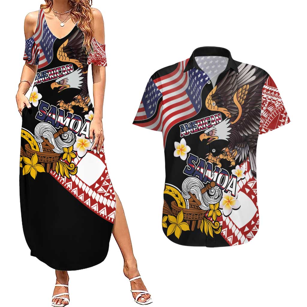 United States and American Samoa Together Couples Matching Summer Maxi Dress and Hawaiian Shirt Bald Eagle and Polynesian Traditional Culture with Plumeria LT03 Black - Polynesian Pride