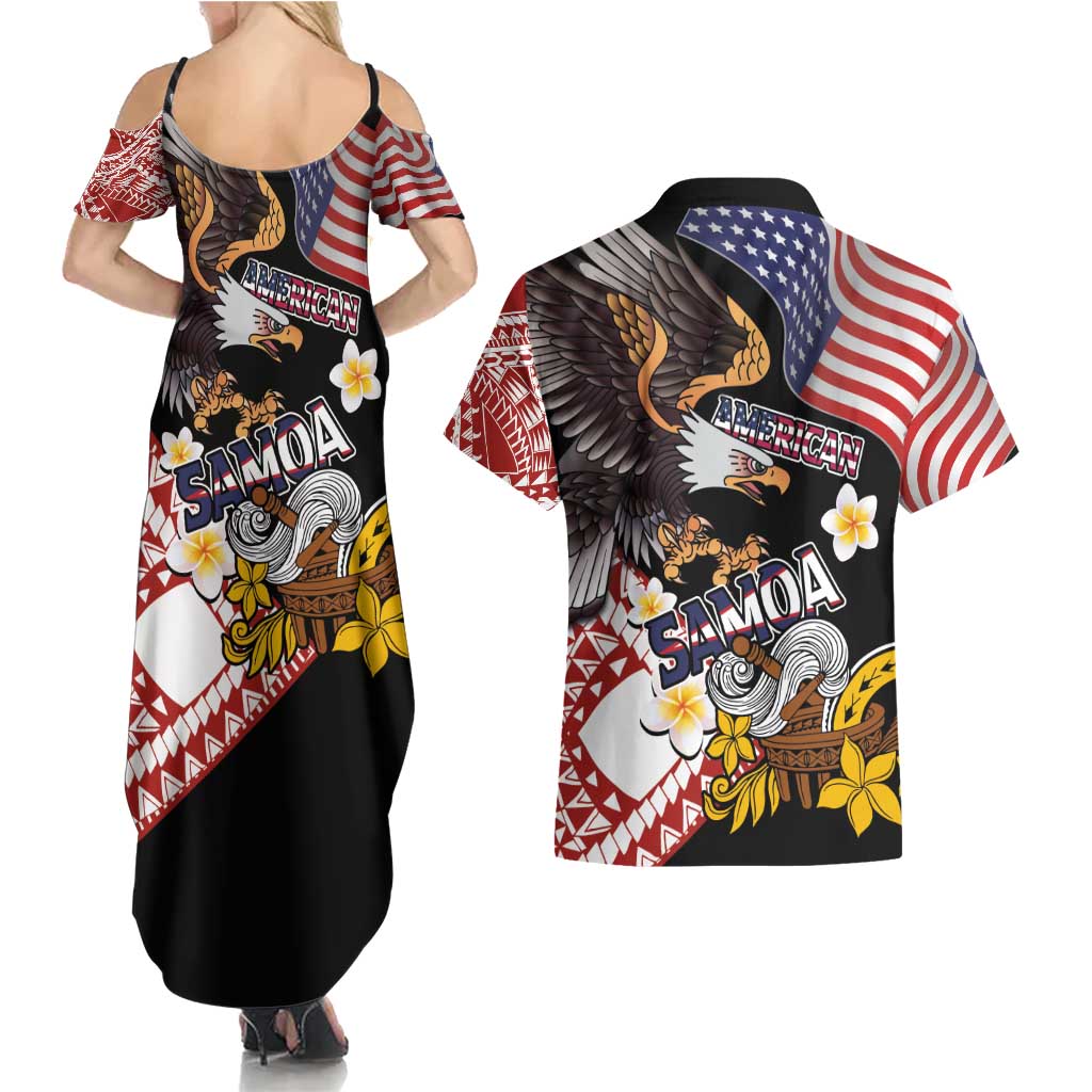 United States and American Samoa Together Couples Matching Summer Maxi Dress and Hawaiian Shirt Bald Eagle and Polynesian Traditional Culture with Plumeria