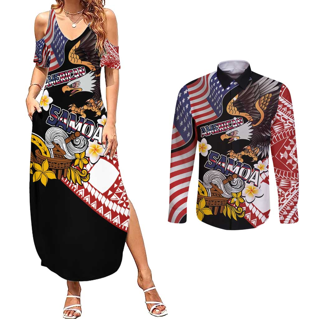 United States and American Samoa Together Couples Matching Summer Maxi Dress and Long Sleeve Button Shirt Bald Eagle and Polynesian Traditional Culture with Plumeria LT03 Black - Polynesian Pride