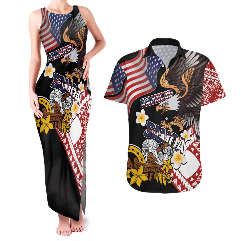 United States and American Samoa Together Couples Matching Tank Maxi Dress and Hawaiian Shirt Bald Eagle and Polynesian Traditional Culture with Plumeria LT03 Black - Polynesian Pride