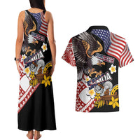 United States and American Samoa Together Couples Matching Tank Maxi Dress and Hawaiian Shirt Bald Eagle and Polynesian Traditional Culture with Plumeria
