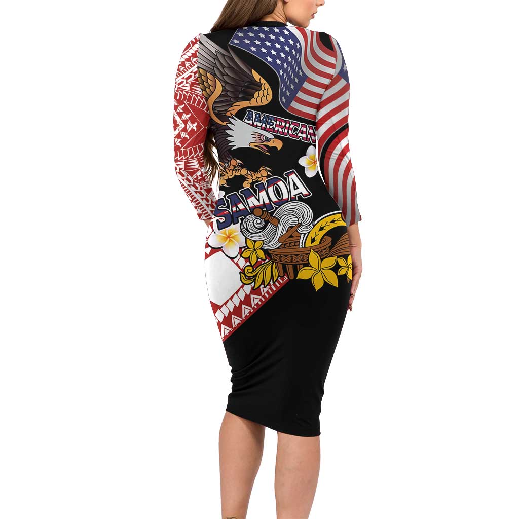 United States and American Samoa Together Family Matching Long Sleeve Bodycon Dress and Hawaiian Shirt Bald Eagle and Polynesian Traditional Culture with Plumeria