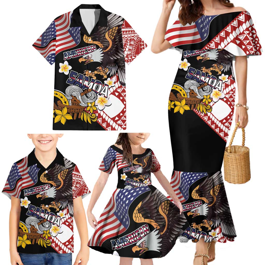 United States and American Samoa Together Family Matching Mermaid Dress and Hawaiian Shirt Bald Eagle and Polynesian Traditional Culture with Plumeria