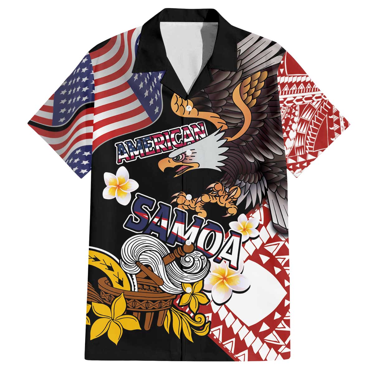 United States and American Samoa Together Family Matching Off The Shoulder Long Sleeve Dress and Hawaiian Shirt Bald Eagle and Polynesian Traditional Culture with Plumeria