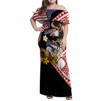 United States and American Samoa Together Family Matching Off Shoulder Maxi Dress and Hawaiian Shirt Bald Eagle and Polynesian Traditional Culture with Plumeria