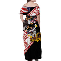 United States and American Samoa Together Family Matching Off Shoulder Maxi Dress and Hawaiian Shirt Bald Eagle and Polynesian Traditional Culture with Plumeria