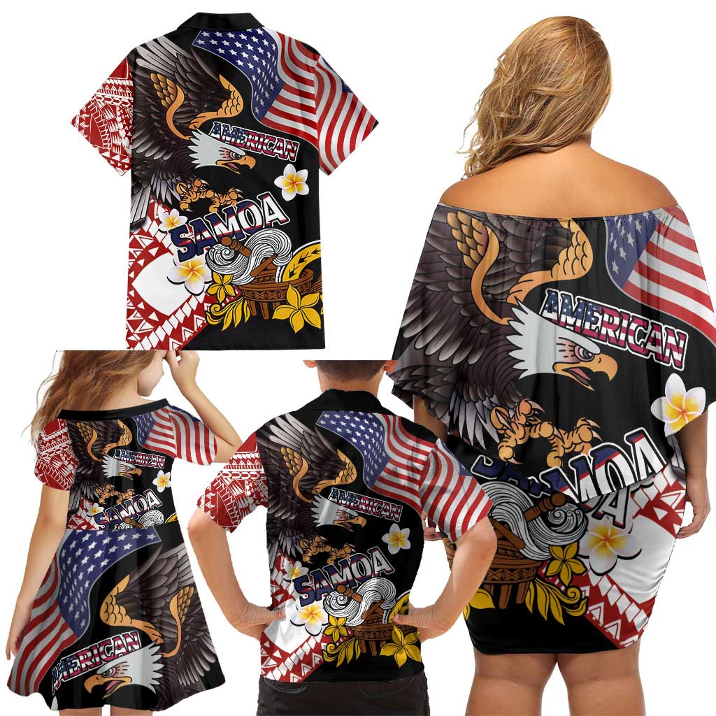 United States and American Samoa Together Family Matching Off Shoulder Short Dress and Hawaiian Shirt Bald Eagle and Polynesian Traditional Culture with Plumeria