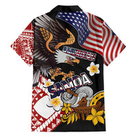 United States and American Samoa Together Family Matching Short Sleeve Bodycon Dress and Hawaiian Shirt Bald Eagle and Polynesian Traditional Culture with Plumeria