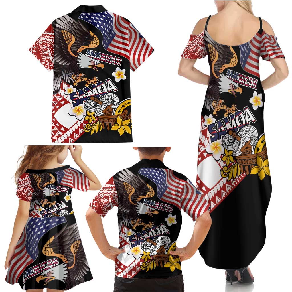 United States and American Samoa Together Family Matching Summer Maxi Dress and Hawaiian Shirt Bald Eagle and Polynesian Traditional Culture with Plumeria