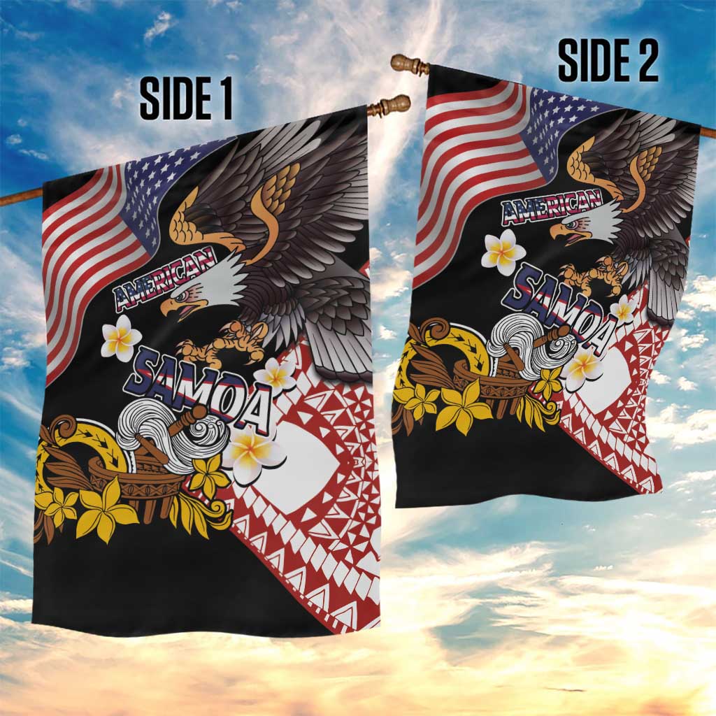 United States and American Samoa Together Garden Flag Bald Eagle and Polynesian Traditional Culture with Plumeria