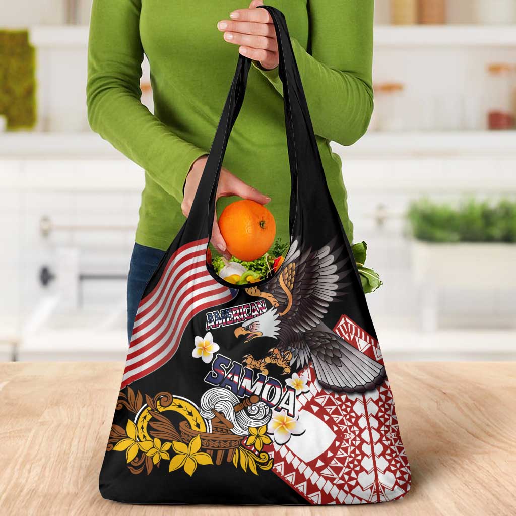 United States and American Samoa Together Grocery Bag Bald Eagle and Polynesian Traditional Culture with Plumeria