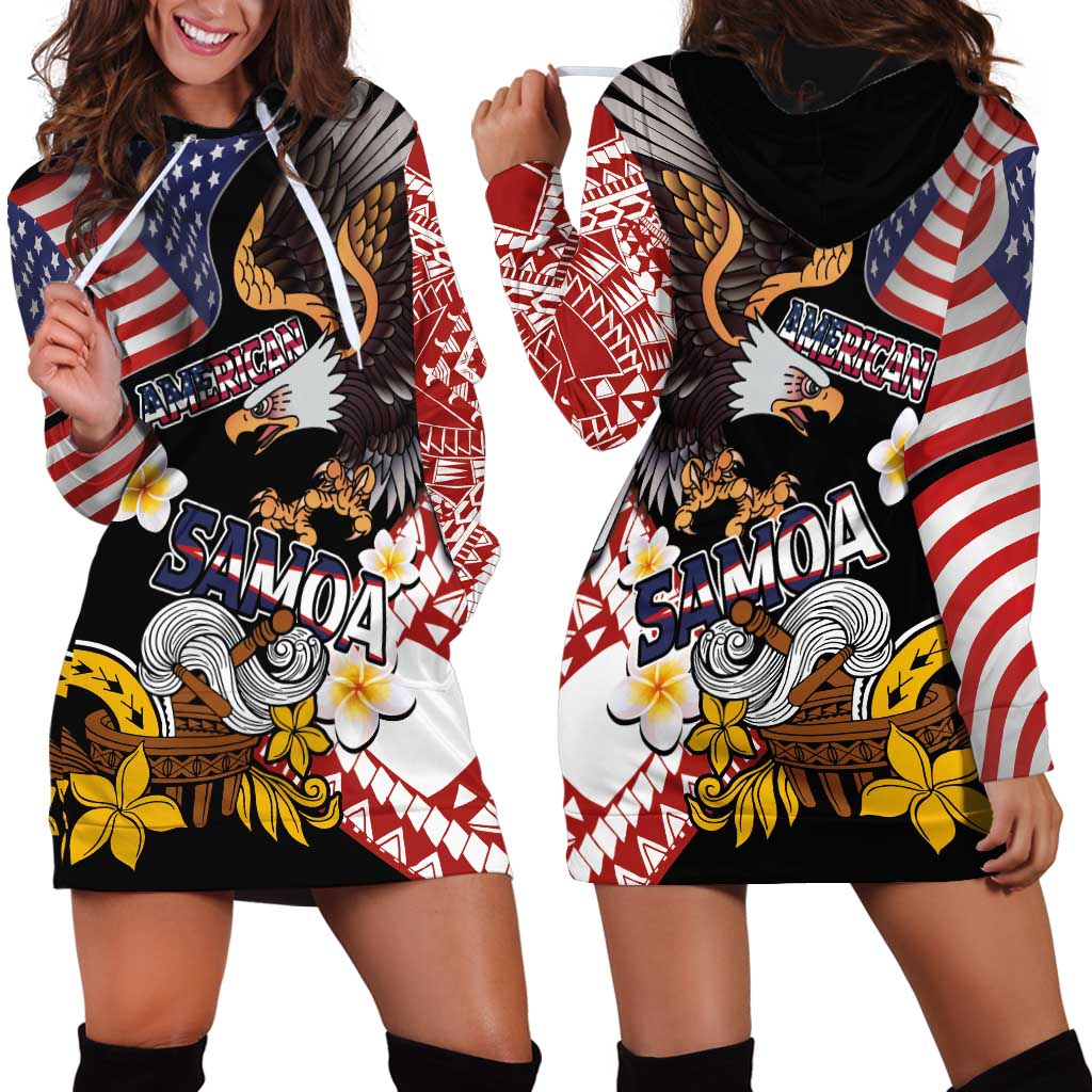 United States and American Samoa Together Hoodie Dress Bald Eagle and Polynesian Traditional Culture with Plumeria