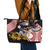 United States and American Samoa Together Leather Tote Bag Bald Eagle and Polynesian Traditional Culture with Plumeria