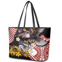 United States and American Samoa Together Leather Tote Bag Bald Eagle and Polynesian Traditional Culture with Plumeria