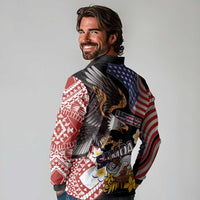 United States and American Samoa Together Long Sleeve Polo Shirt Bald Eagle and Polynesian Traditional Culture with Plumeria