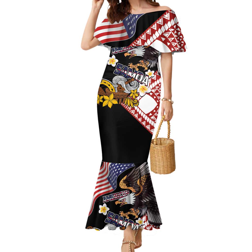 United States and American Samoa Together Mermaid Dress Bald Eagle and Polynesian Traditional Culture with Plumeria