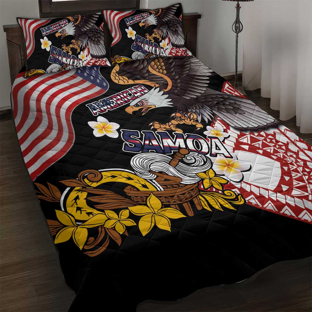 United States and American Samoa Together Quilt Bed Set Bald Eagle and Polynesian Traditional Culture with Plumeria LT03 Black - Polynesian Pride