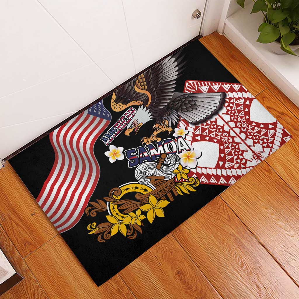 United States and American Samoa Together Rubber Doormat Bald Eagle and Polynesian Traditional Culture with Plumeria