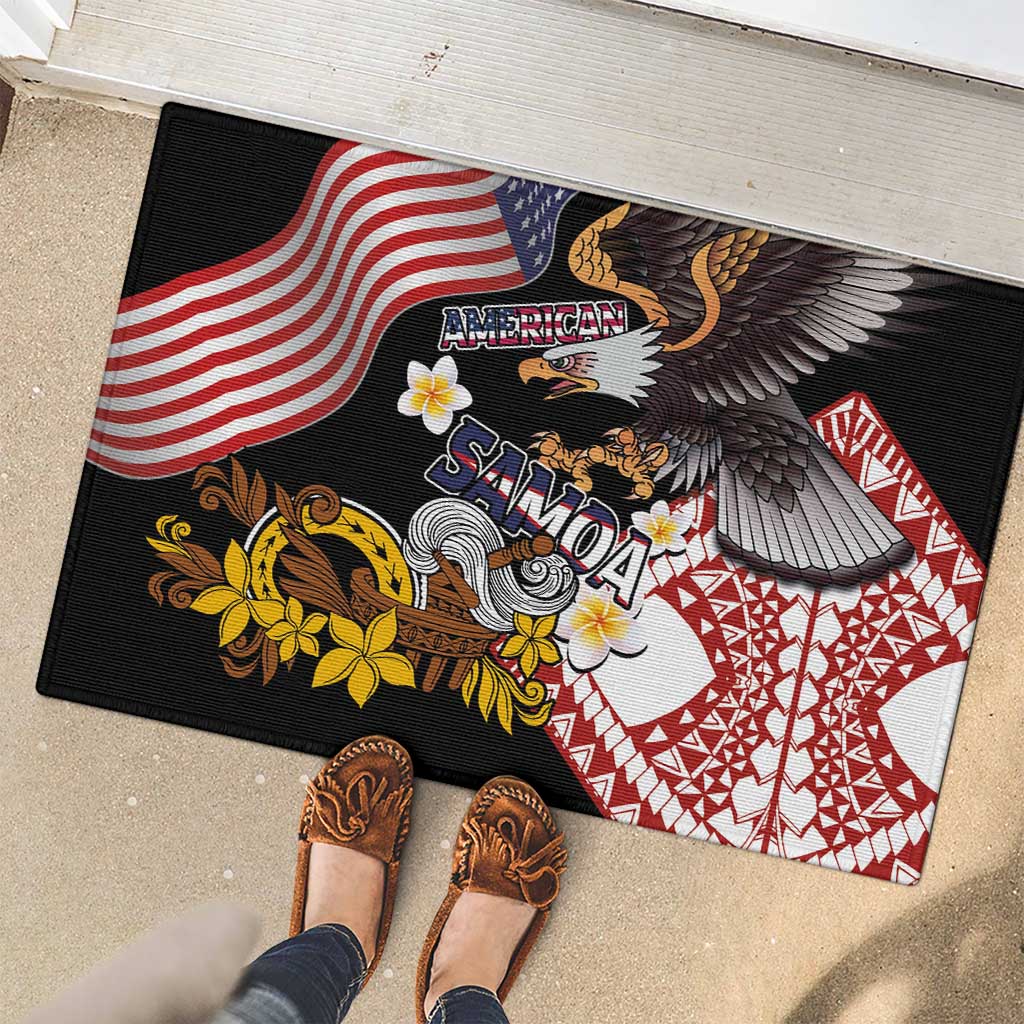 United States and American Samoa Together Rubber Doormat Bald Eagle and Polynesian Traditional Culture with Plumeria