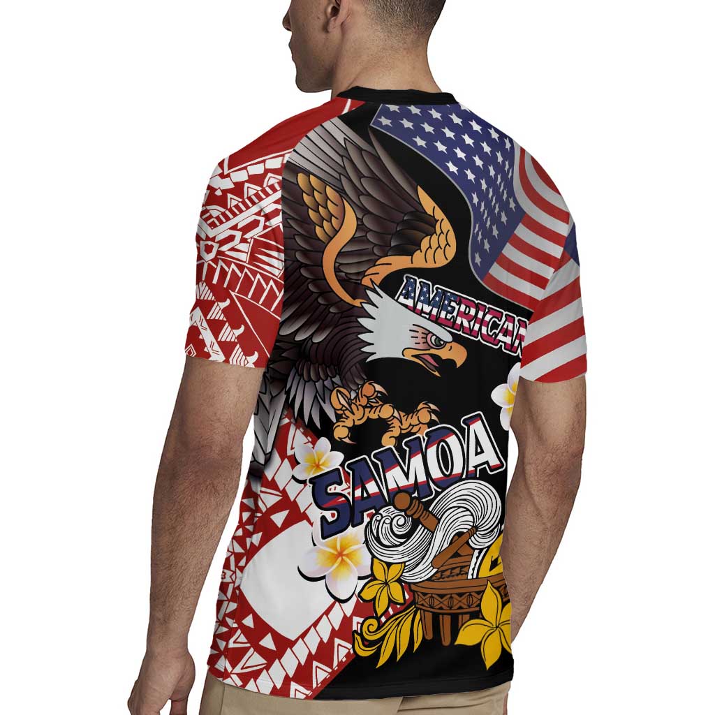 United States and American Samoa Together Rugby Jersey Bald Eagle and Polynesian Traditional Culture with Plumeria