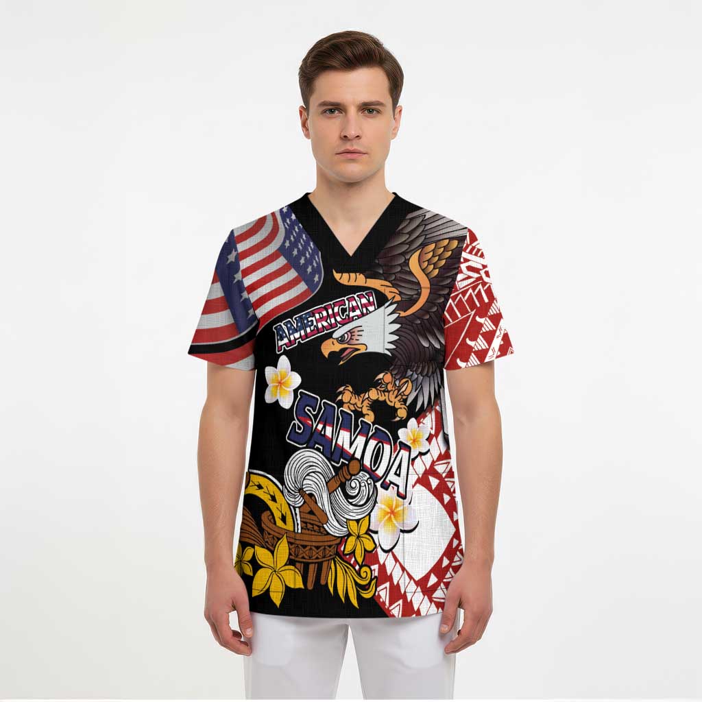 United States and American Samoa Together Scrub Top Bald Eagle and Polynesian Traditional Culture with Plumeria - Polynesian Pride