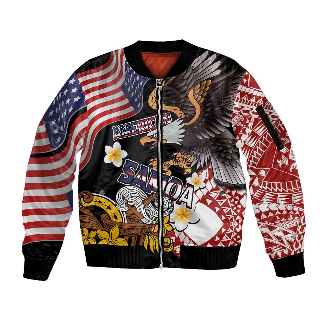 United States and American Samoa Together Sleeve Zip Bomber Jacket Bald Eagle and Polynesian Traditional Culture with Plumeria LT03 Unisex Black - Polynesian Pride