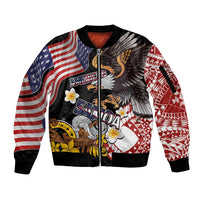 United States and American Samoa Together Sleeve Zip Bomber Jacket Bald Eagle and Polynesian Traditional Culture with Plumeria
