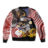 United States and American Samoa Together Sleeve Zip Bomber Jacket Bald Eagle and Polynesian Traditional Culture with Plumeria