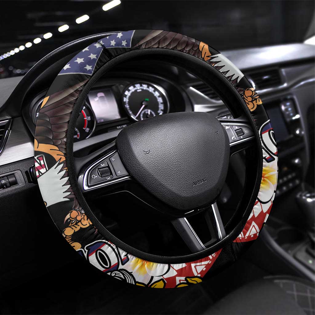 United States and American Samoa Together Steering Wheel Cover Bald Eagle and Polynesian Traditional Culture with Plumeria LT03 Universal Fit Black - Polynesian Pride