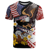 United States and American Samoa Together T Shirt Bald Eagle and Polynesian Traditional Culture with Plumeria