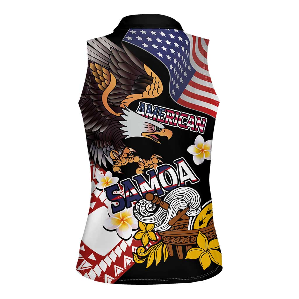 United States and American Samoa Together Women Sleeveless Polo Shirt Bald Eagle and Polynesian Traditional Culture with Plumeria