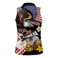 United States and American Samoa Together Women Sleeveless Polo Shirt Bald Eagle and Polynesian Traditional Culture with Plumeria