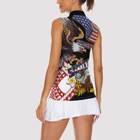United States and American Samoa Together Women Sleeveless Polo Shirt Bald Eagle and Polynesian Traditional Culture with Plumeria