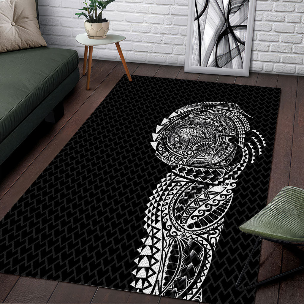 Hawaiian Traditional Tattoos Area Rug Kakau Tribal Tropical Plant Motif Black Color
